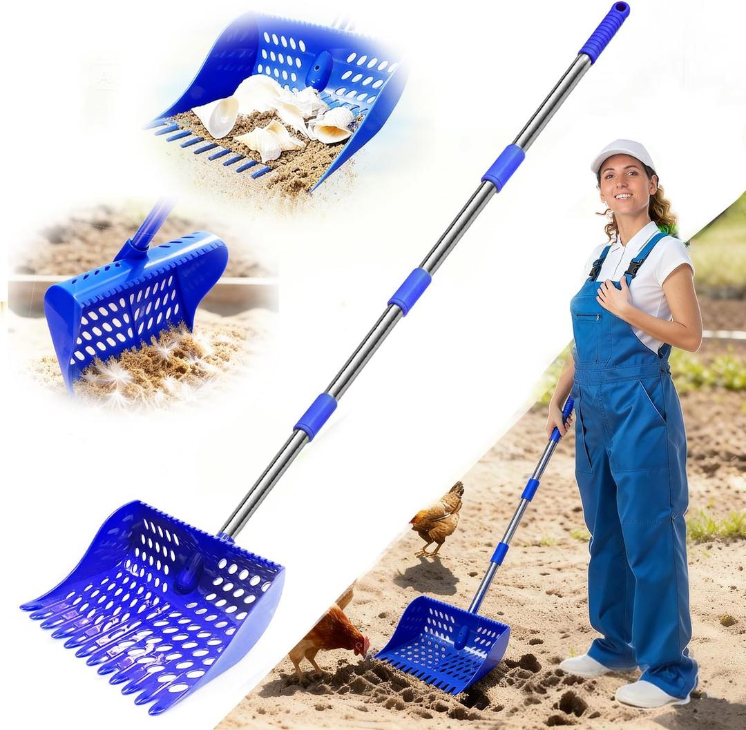 Chicken Coop Accessories, 4-in-1 Poop Scooper & Rake with 9" Sifting Plate, Adjustable 35.4"-63" Stainless Steel Handle for Cleaning Chicken Coops (Single Unit, Blue)