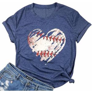 Baseball Shirts Women Baseball Mom Tshirt Baseball Heart Graphic Tee Game Day Gifts Funny Short Sleeve Tops (Blue2,XL)