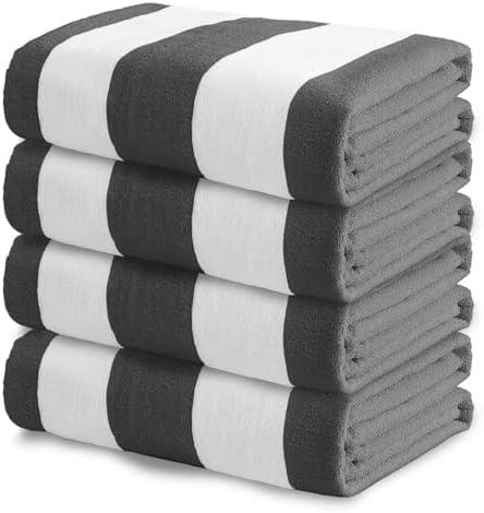 Exclusivo Mezcla 4 Pack Beach Towels, Large Microfiber Striped Beach Bath Pool Towel Set for Kids and Adults, Lightweight and Absorbent, 30x60 Inches, Grey