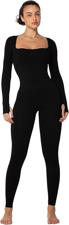 Sunzel Long Sleeve Bodysuits One Piece Jumpsuit for Women with Square Neck and Butt Scrunch Leggings Seamless Ribbed Rompers S 28"