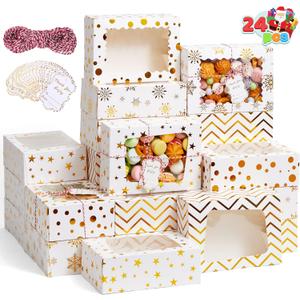 JOYIN 24 Pcs Christmas Cookie Boxes, Gold Foil Treat Boxes with Windows 9" x 6.2" x 3" Bakery Gift Wrapping Box for Xmas Holiday Party Favor Pastries, Cupcakes, Cookies, Brownies, Donuts Gift-Giving
