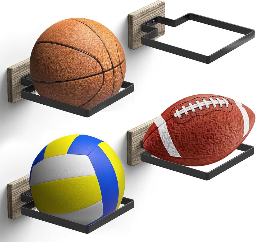 Basketball Holder Wall Mount with Wooden Base, MYKASEN Ball Storage Holder Display Rack for Basketball Soccer Volleyball, Boys Sports Accessories Organizer for Player Fans Room Decor