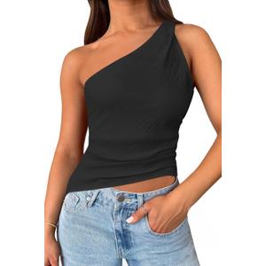 Cicy Bell Womens One Shoulder Tank Tops Summer Going Out Tops Ruched Asymmetrical Sleeveless Shirts (X-Large, Black)