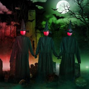 Halloween Decorations Outdoor 3PCS Light Up Witches Holding Hands Witches with Stakes, Scary Screaming Witches with Glowing Face, Creepy Halloween Party Props Decor for Yard Garden Outside Lawn Porch