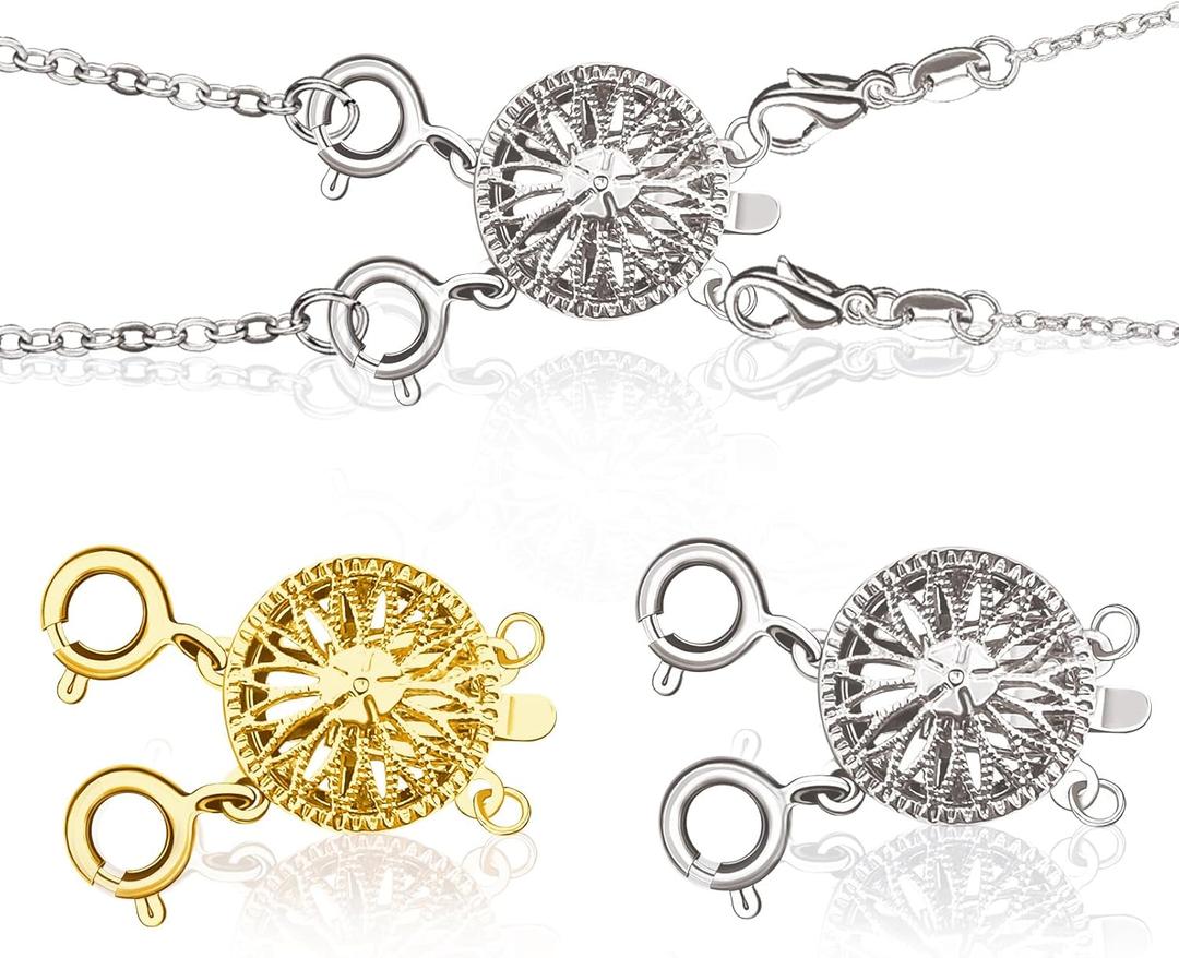 Stosts Layered Necklace Clasps, 2 Pack 2 Strands Jewelry Spacers Necklace Separator for Layering, Tangle Free Multiple Bracelet Lock Connectors with Lobster Spring Ring Clasps, Gold and Sliver