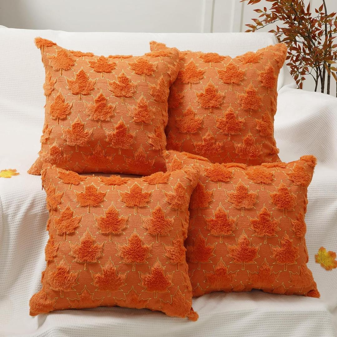 Tudomro 4 Pcs Thanksgiving Maple Leaves Throw Pillow Covers Fall Pillow Covers 18 x 18 Inch 3D Embroidered Soft Faux Fur Pillowcase for Thanksgiving Gifts Autumn Sofa Couch Bed Home Decor (Orange)