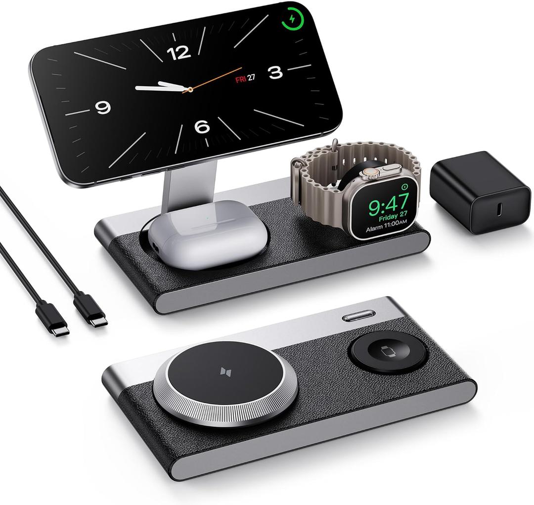 3 in 1 Magnetic Wireless Charging Station for Apple Devices,Foldable Wireless Charger Stand for Magsafe iPhone 17 Air 16/15/14/13/12,Apple Watch,AirPod,Wireless Charger Dock with Night Light (Black)
