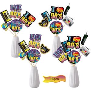 Yoaokiy 24pcs 90s Party Decorations, 90s Centerpiece Sticks, Table Toppers, Photo Booth Props, Multi Color, Yellow, Blue, Purple, Retro 90s Elements, Music Themed Birthday Party Decor