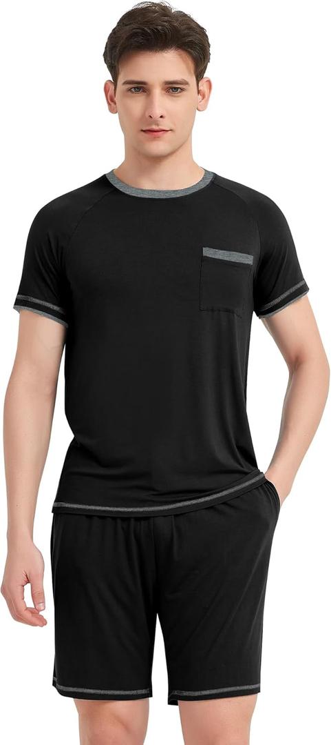 NACHILA Men's Pajamas Set -Viscose made from Bamboo,Cooling Sleepwear Raglan Top and Pajamas Shorts Soft Lounge Set (D-black/Dark Heather Grey, S)