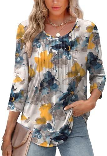 XIEERDUO 3/4 Length Sleeve Tops for Women 2025 Crewneck Casual Pleated Tunic Tops Loose Fit Shirts Blouses size XXL