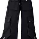 SANGTREE Cargo Pants for Girls Drawstring Waist Y2K Wide Leg Trousers with Pockets, 3-12 Years (6-7 Years, Black)