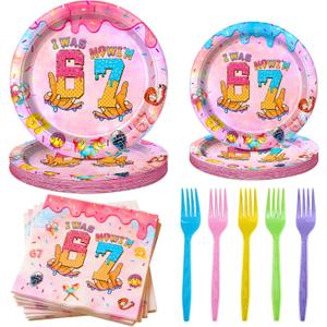 100 Pcs Ice Cream Drip 7th Birthday Party Supplies Set,Disposable Paper Plates, Napkins, and Colorful Forks, 6 7 Six Seven Themed Tableware for Kids Birthday Party Decorations