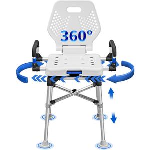 Swive Shower Chair for Seniros Elderly Disabled or Bariatric Adults with Arms and Back, Bench Seat for Inside Shower Stall and Bathroom Bath Tub Seats Adjustable Stool Heavy Duty 500 lbs sit Chairs