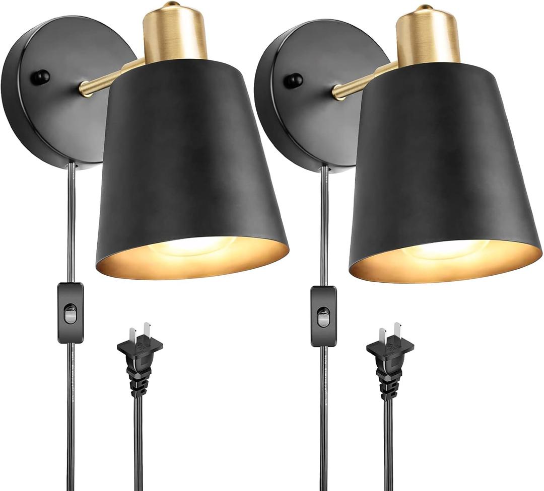 Plug in Wall Sconces, Wall Mounted Lamps with Plug in Cord Metal Vintage Industrial Wall Light Fixtures Lighting Reading Lights for Bedside Bedroom Living Room Indoor Doorway (Exclude Bulb) (2PC)