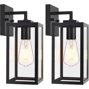 Outdoor Wall Light Fixtures, Exterior Wall Lanterns, Waterproof Outside Wall Sconce for Front Porch, Garage, Patio, Black, 2-Pack, E26 Base, Anti-Rust, Tempered Glass