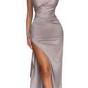 Memoriesea Women's Sexy One Shoulder Satin High Split Cocktail Wedding Party Maxi Dress Shallow Apricot M