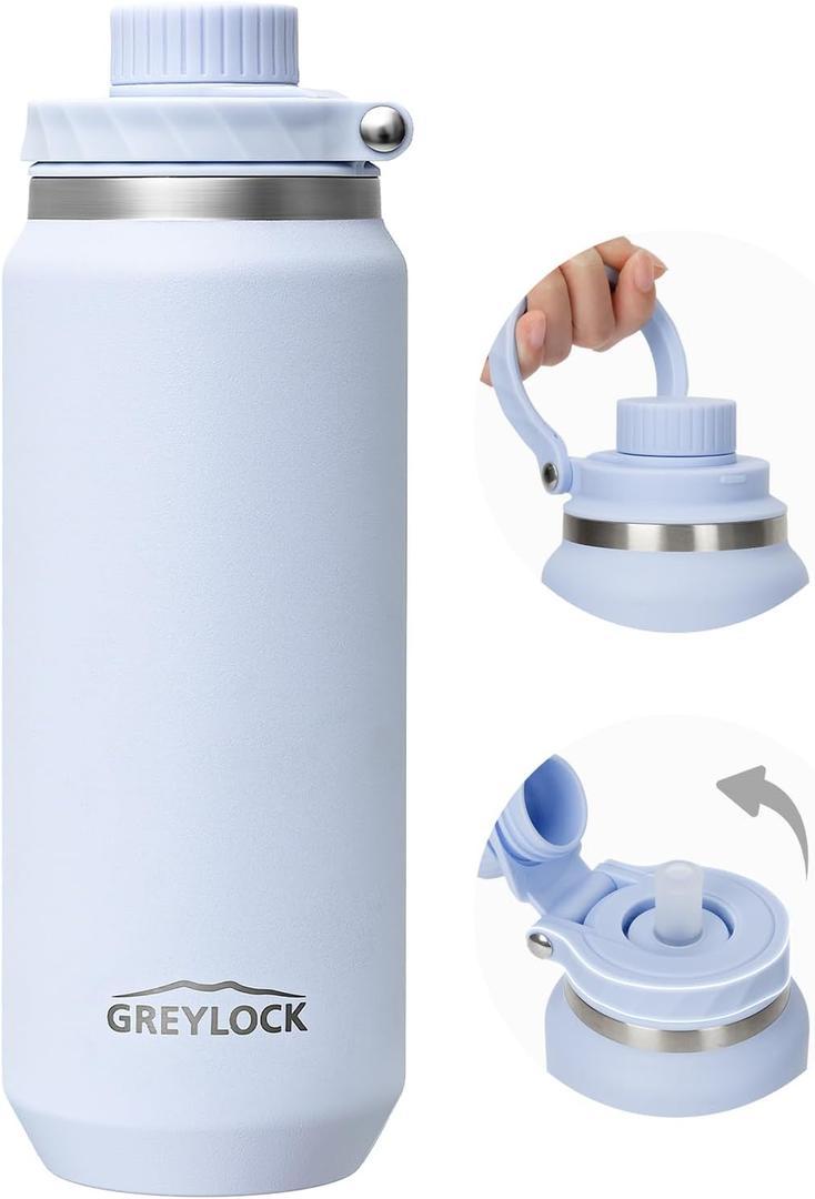GREYLOCK 32 oz Insulated Water Bottle with Straw Lid, Leakproof Reusable Stainless Steel Vacuum Flask, 24hr Cold & Hot, Carry Handle & Silicone Spout, BPA-Free for Gym, Hiking, Travel,Blue