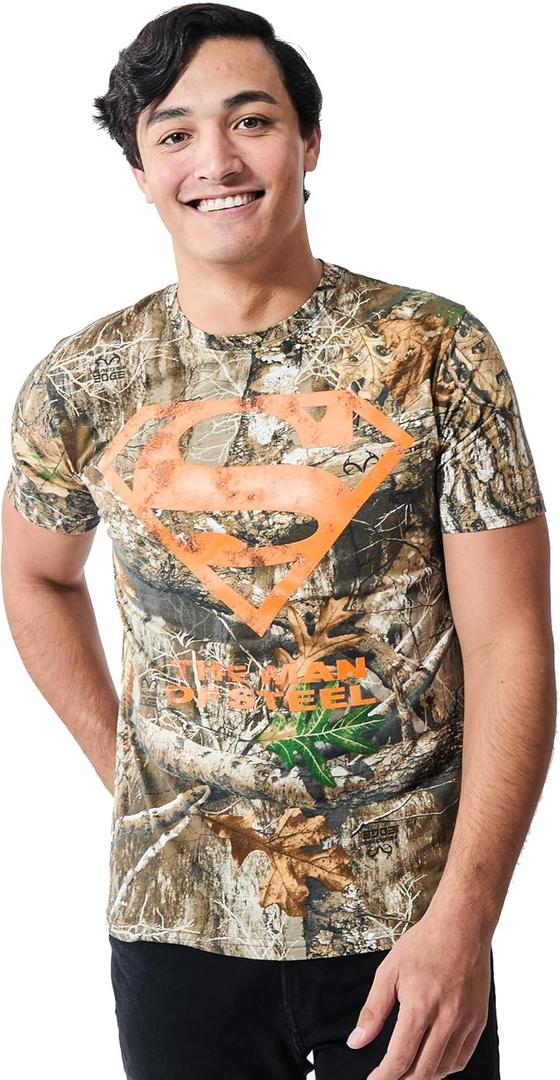 Bioworld Superman Blaze Orange Logo Men's Camo Crew Neck Short Sleeve T-Shirt (X-Large)