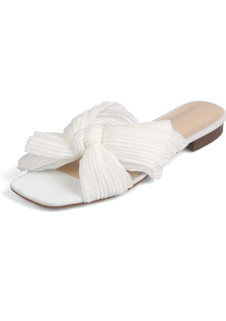 MICIFA Women's Bow Flat Sandals Open Toe Summer Comfort Slip on Slide Sandals Bridal Wedding Dress Shoes, Size 6.5