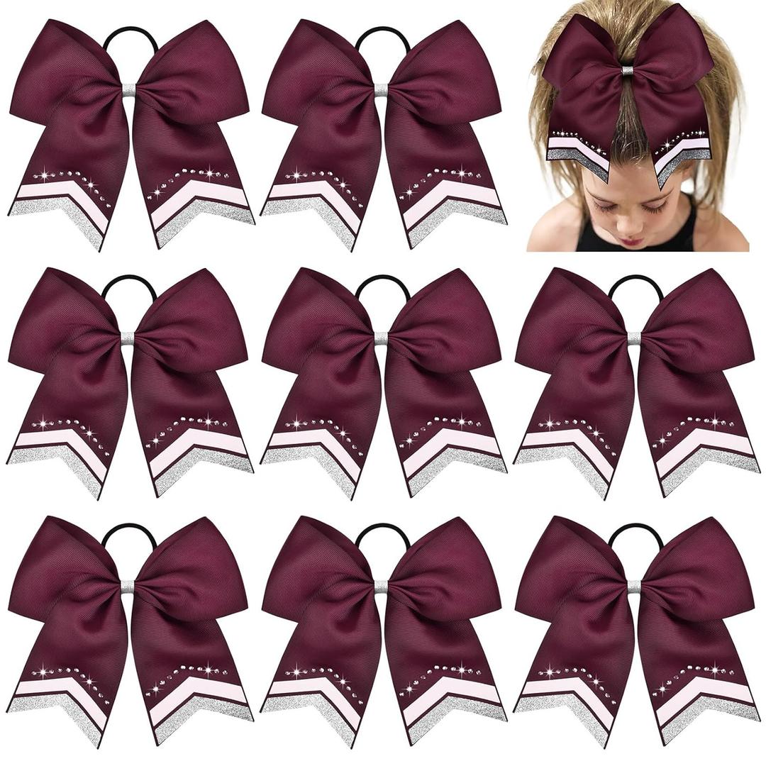 8PCS Glitter Cheer Bow Large Maroon Cheer Bows Rhinestones Hair Bows Girls 8"Cheerleading Bows Bulk Elastic Band Ponytail Holder for Teen Girls College Sports Competition