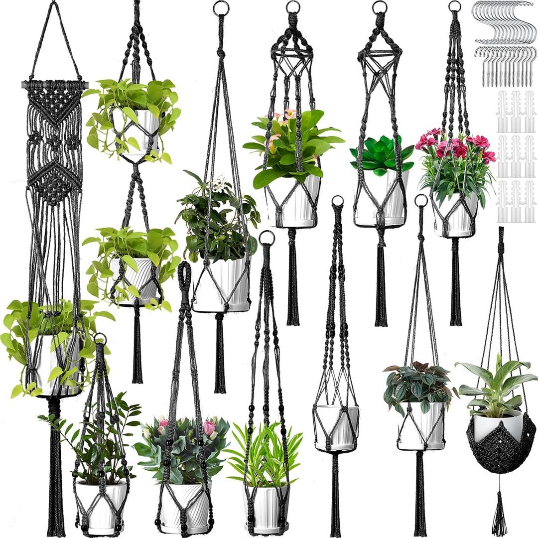 Hoteam 12 Pcs Macrame Plant Hangers Macrame Hanging Planters for Indoor Plants Handmade Boho Hanging Baskets Flower Pots Holder for Outdoor Home Wall Decor (Black)