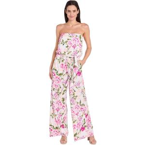 R&M Richards Women's Strapless Floral Jumpsuit W/Waist Tie Sash & Pocket | Relaxed Fit Romper for Casual Daytime Occasions, Pink WhiteSize 6