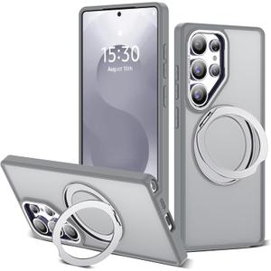 For Samsung Galaxy S25 Ultra Case with 360Rotatable Magnetic Ring Stand Compatible with Mag-Safe Military Protection Shockproof Matte Translucent Phone Cases for S25 Ultra 6.9",Gray