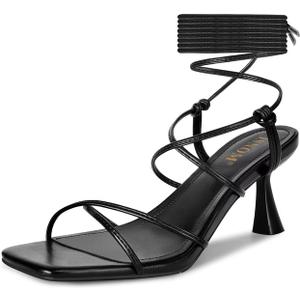 ISNOM Strappy Sandals for Women Kitten Heels Lace Up Heels Stiletto Heels Wrap Around Heels with Square Toe 6