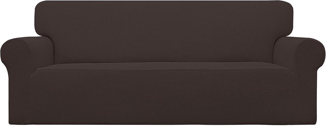 Easy-Going Stretch Sofa Slipcover 1-Piece Sofa Cover Furniture Protector Couch Soft with Elastic Bottom for Kids, Polyester Spandex Jacquard Fabric Small Checks (Sofa, Chocolate)