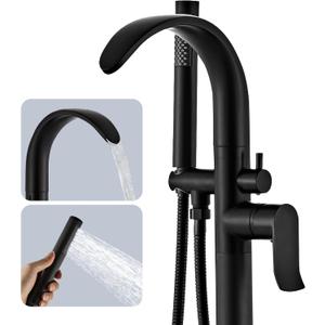 Free Standing Bathtub Faucet Tub Filler Stand Alone Black, Waterfall Floor Mount Brass Standing Tub Faucet with Hand Sprayer