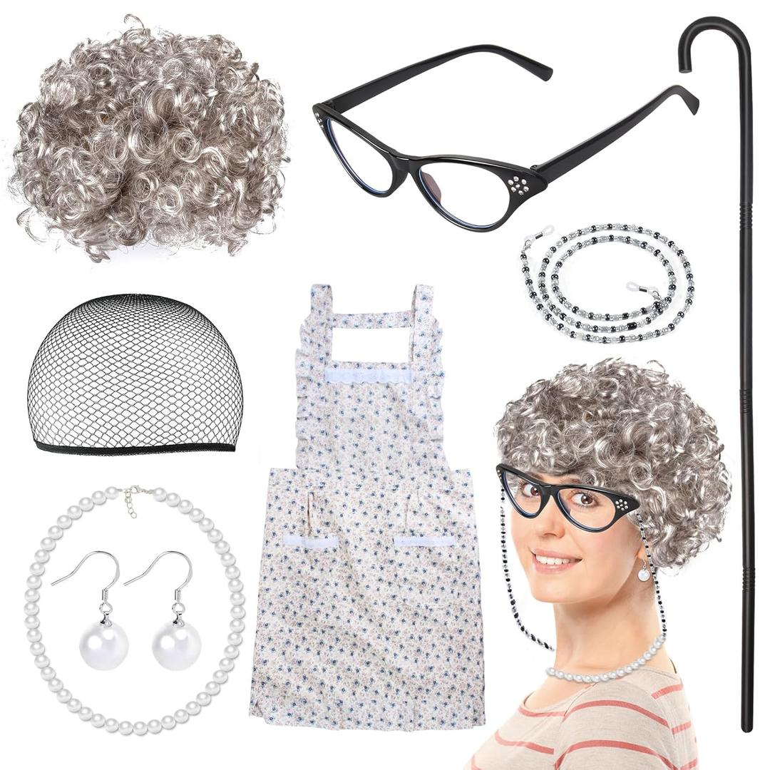 Keymall Old Lady Wig Accessories Old Women Grandma Granny Costume for Halloween Cosplay 100 Days of School