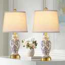 Chinoiserie Ceramic Small Table Lamps Set of 2 for Living Room Bedroom Bedside, Traditional Beige and Blue Porcelain Classic Table Lamp for Nightstand Entryway, 2 LED Bulbs Included
