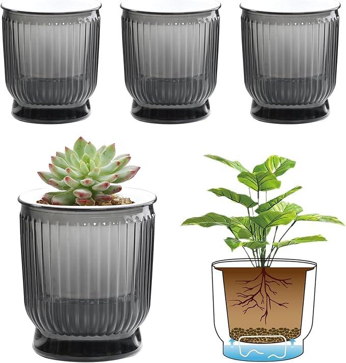 T4U 4 Inch Self Watering Plant Pot, 4 Pack Self Watering Pots, Self Watering Planter with Reservoir, Clear Self Watering Pots for Indoor Plants, African Violets, Flowers (4 Pack, 4", Clear)