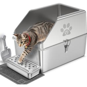 KPWACD Enclosed Stainless Steel Cat Litter Box with Lid, XL Extra Large Non-Stick Metal Litter Pan for Big Cats, High-Sided Kitten Toilet Enclosure, Non-Stick, Anti-Leakage, Easy Cleaning