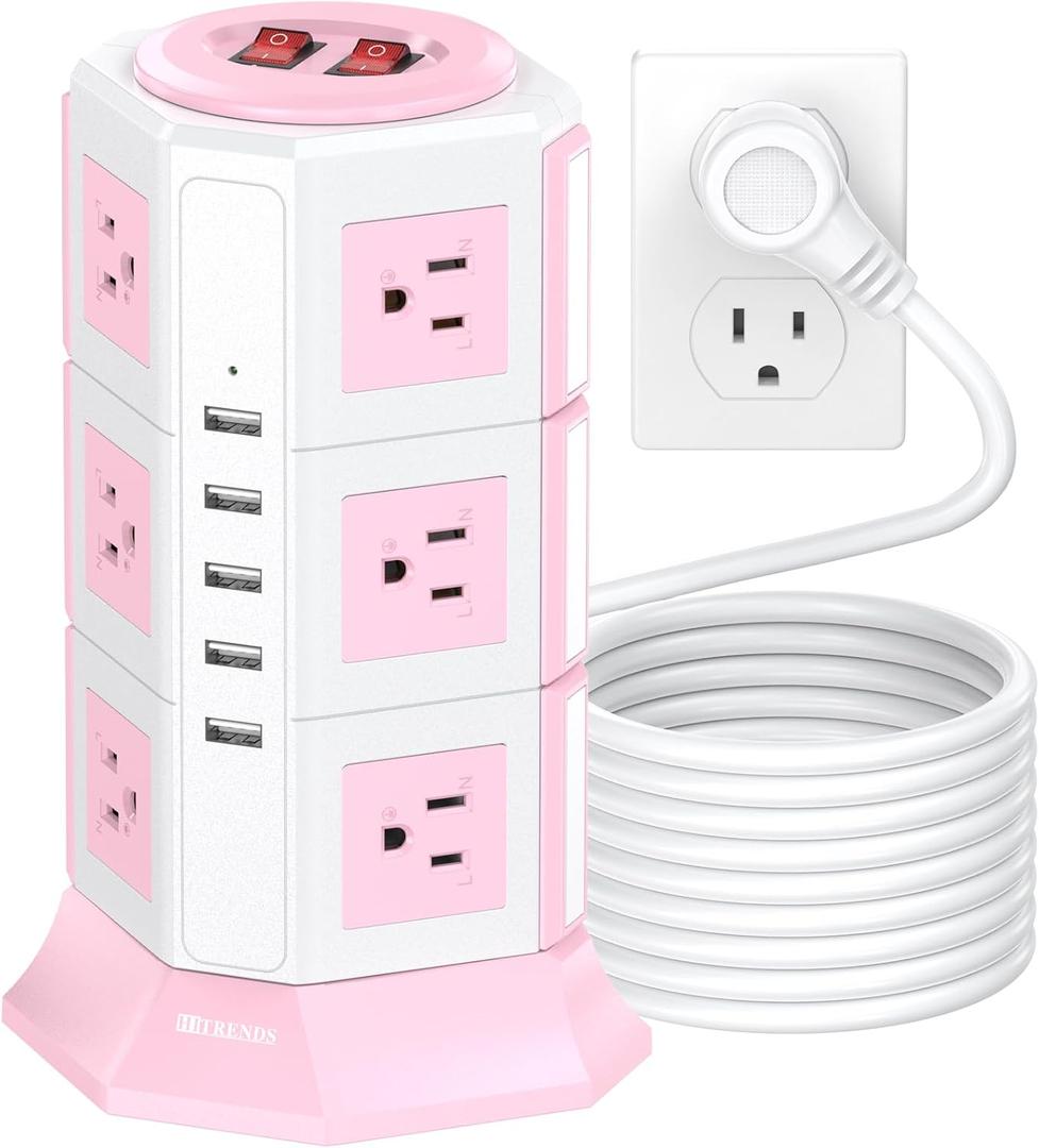 Pink Tower Power Strip with Surge Protection | HITRENDS 12 AC Outlets + 5 USB Ports | 16AWG/ 15 Ft Extension Cord with Multiple Outlets | Space-Saving Design for Office & Home(1625W, 1050J)