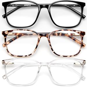 Gaoye Blue Light Blocking Glasses Women/Men, Computer Gaming Fake Eyeglasses Anti UV Ray-Spring Hinge (3 Pack, Light Black & Leopard & Transparent)