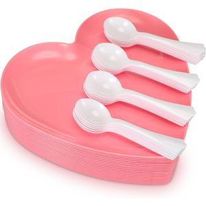 Layhit 38 Pieces Valentines Heart Shaped Plates Spoon Set Include 18 Pcs 10 Inch Valentines Day Heart Shaped Food Tray 20 Pcs Plastic Spoon Salad Dessert Plate for Party Supplies(Pink)