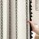 Linen Boho Shower Curtain Off White Fabric with Black Embroidery Woven and Tassel, 72" L X 48" W