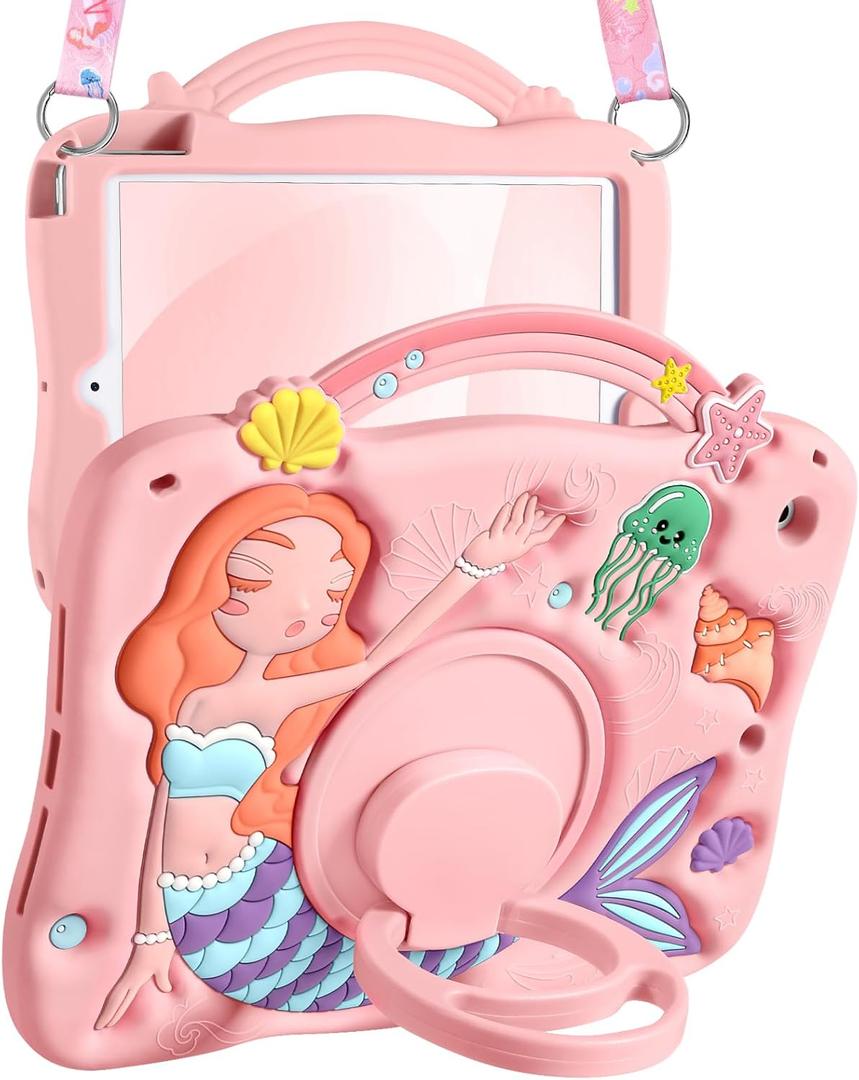Boaretiu for iPad 9th Generation Case 10.2 Inch - for iPad 7th/8th/9th Gen 3D Cute Cartoon Pk Mermaids Girls Teens Soft Silicone Tablet Cover with Strap & Rotating Stand (Pink)