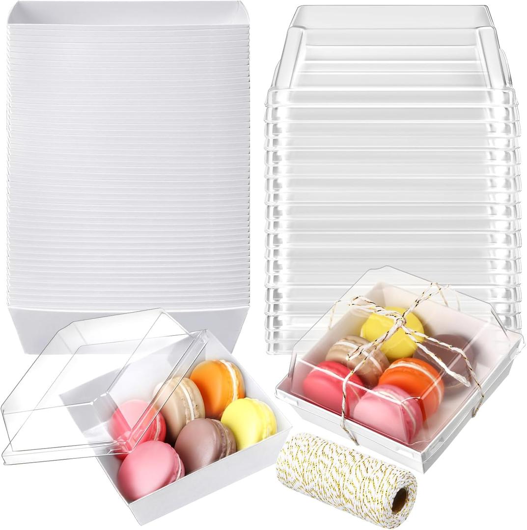 Ctosree 100 Pcs Paper Charcuterie Boxes with Clear Lids 4.5 Inches Disposable Cake Square Dessert Container Bakery Boxes Bundle with Rope for Food Cake Slice Cookie Sandwich Dessert(White)