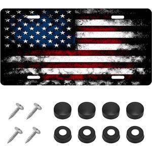 Vintage American Flag Front License Plate Frame, Personalise USA Flag Car Front License Plate Tag with 4 Screws, Aluminum Rust-Proof Patriotic US Flag Vanity Tag Auto Plate Decor (Black & Red)