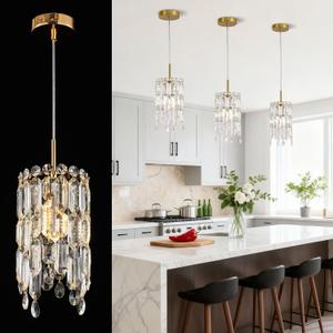 Gold Crystal Chandelier 6″ Small Kitchen Island Crystal Pendant Light Fixture Raindrop Flush Mount Hanging Chandelier K9 Crystal Lights Fixture for Bedroom Dining Room Kitchen, 5.9″ L × 11.6″ H