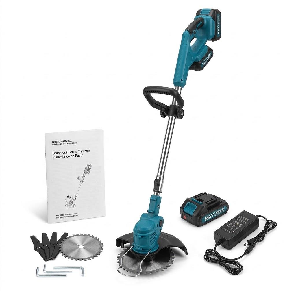 Cordless Brushless Grass Trimmer & Brush Cutter Set – 20V Battery Powered Weed Eater with Metal Blades, Circular Saw Blade, Battery, Charger & Adjustable Handle for Lawn