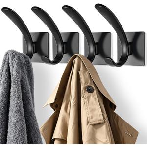Self Adhesive Towel Hooks, Matte Black Metal Hooks,Waterproof Stainless Steel Hanger Coat Hooks for Hanging Coat,Towels, Bath Robe in Bathroom Kitchen Home