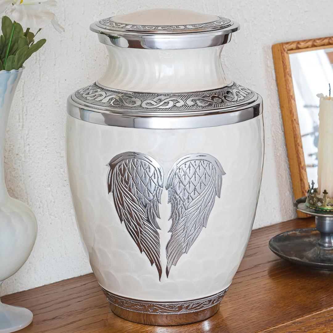 Olivia Memorials White Urn for Ashes for Women and Men - Free Pendant Necklace - Angel Wings Heart Cremation Urns for Adult Male and Female - Funeral Decorative Urn for Mom Mother (Large)