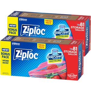Ziploc Gallon Food Storage Bags, Stay Open Design with Stand-Up Bottom, Easy to Fill, 162 Count
