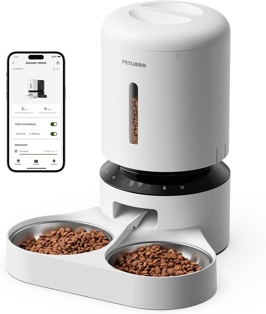 PETLIBRO 5L Automatic Cat Feeder for 2 Cats, 5G&2.4G Wi-Fi Programmable Cat Food Dispenser with Dual Stainless Steel Bowls, Airtight Lock Fresh Technology, Low Food Sensor (White)
