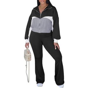 HBQ Women's Color Block 2 Piece Tracksuit Sets Long Sleeve Zip Up Crop Jacket and Flare Pants Casual Y2K Outfit (Medium, Black)