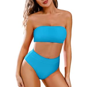 Pink Queen Women's Removable Strap Wrap Pad Cheeky High Waist Bikini Set Swimsuit (Large, 01 - Blue)