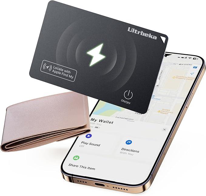 Wallet Tracker Card IP68 Waterproof Bluetooth Tracker for Wallets, Passport, Work with Apple Find My, Wireless Charging, iOS Only [Apple MFi Certified]- 6pcs / 1* Wireless Charger